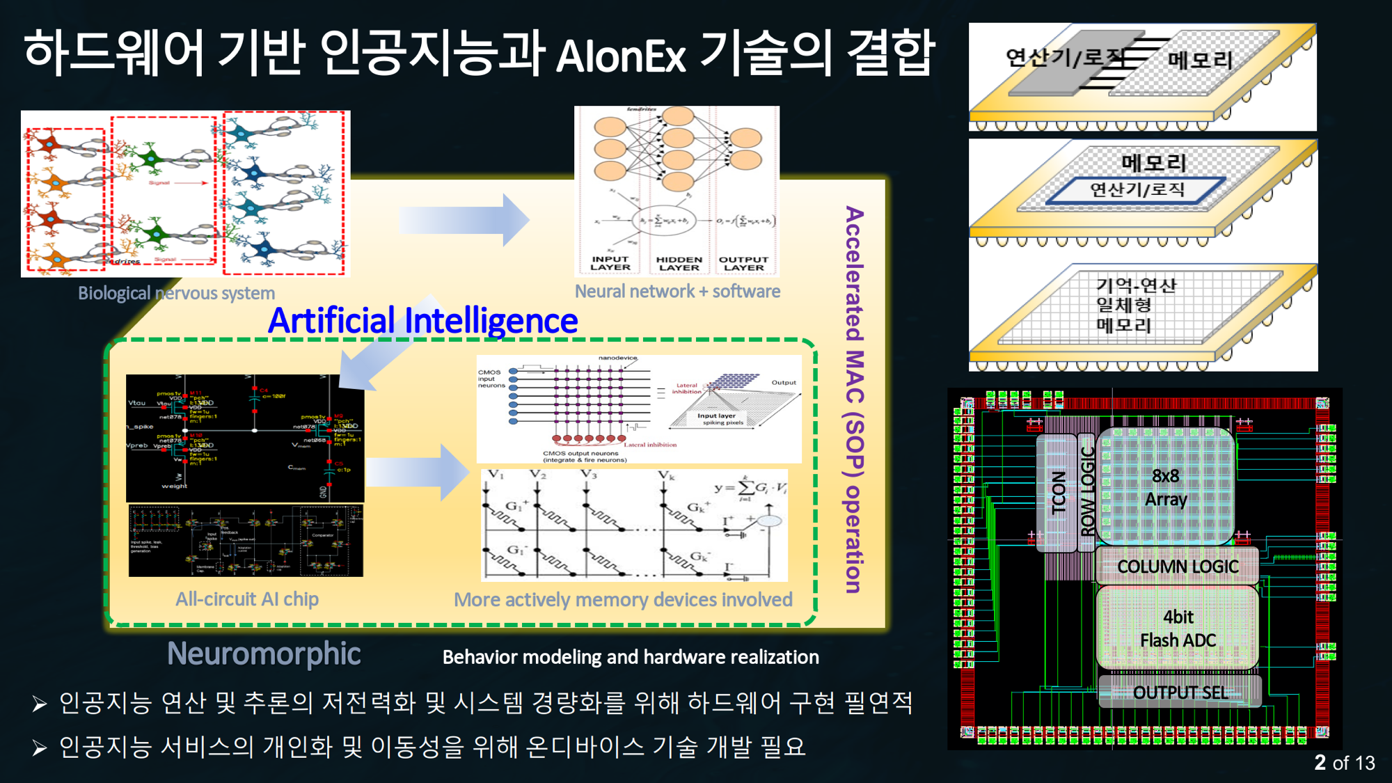 하드웨어 기반 인공지능과 AIonEx 기술의 결합 — 생물학적 신경계에서 인공 신경망, 뉴로모픽 회로, 기억·연산 일체형 메모리 아키텍처와 칩 레이아웃으로 이어지는 흐름